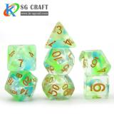 Yellow and Green Swirl Nebula Resin Dice With Chameleon Glitter